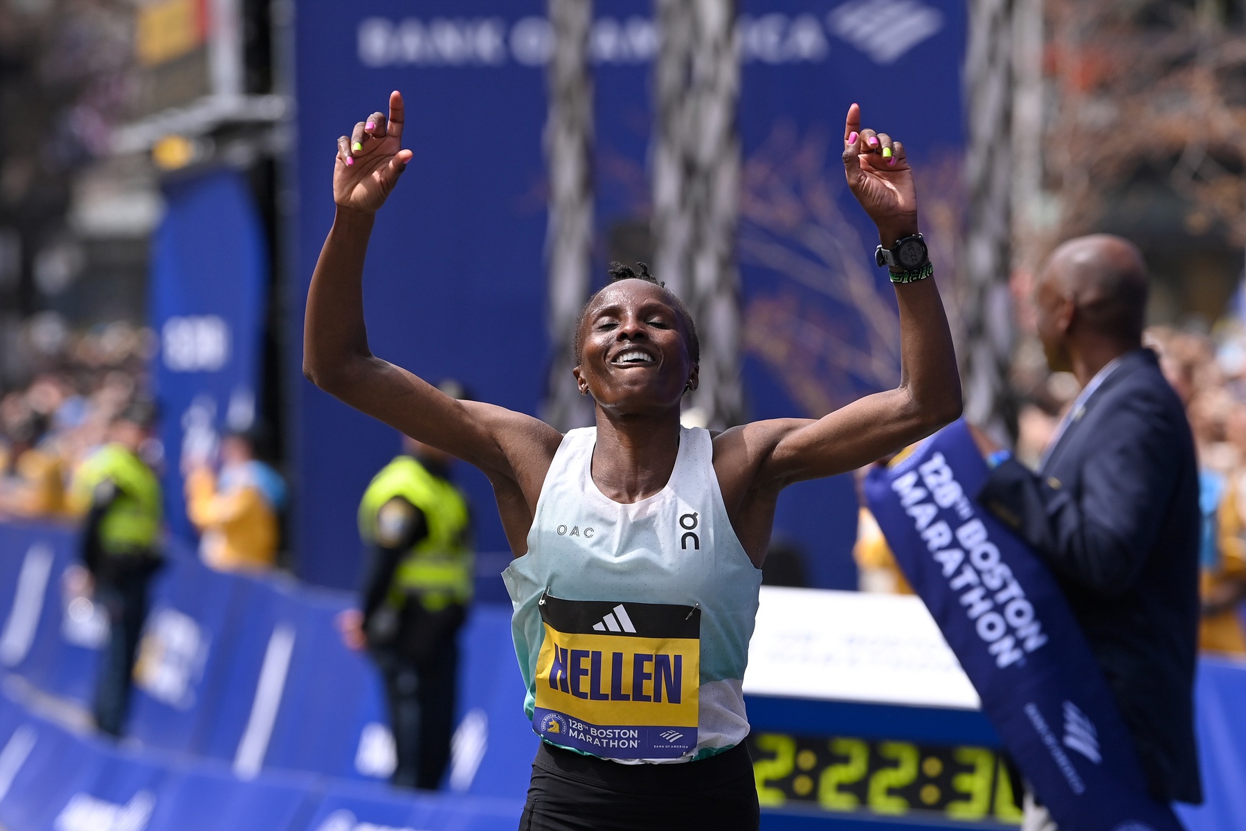 Apr 15, 2024; Boston, MA, USA; Hellen Obiri of Kenya reacts as she crosses the finish line to win the women's division at the 2024 Boston Marathon.