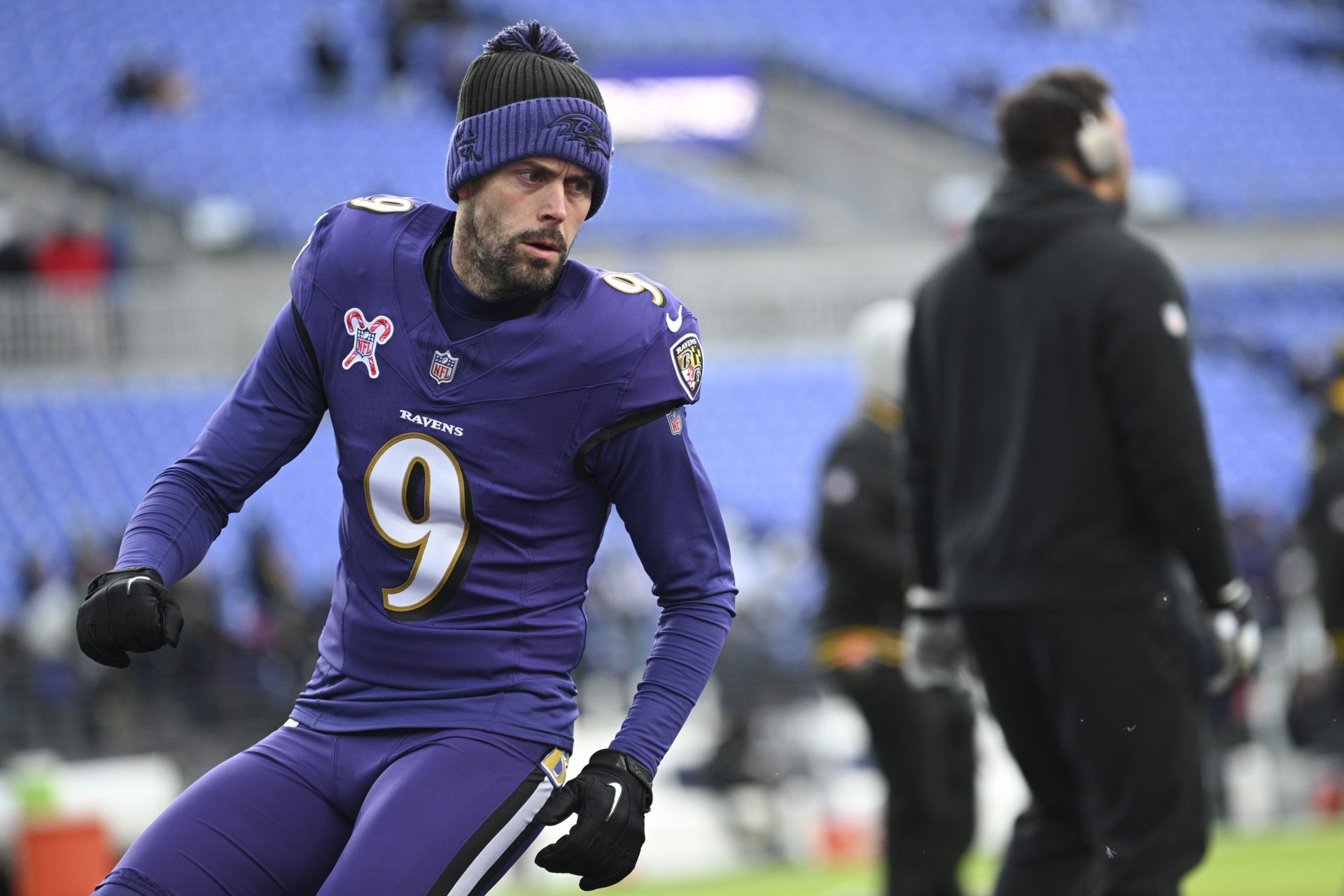 Dec 21, 2024; Baltimore, Maryland, USA; Baltimore Ravens place kicker Justin Tucker (9) warms up in the end zone before the game against the Pittsburgh Steelers at M&T Bank Stadium.