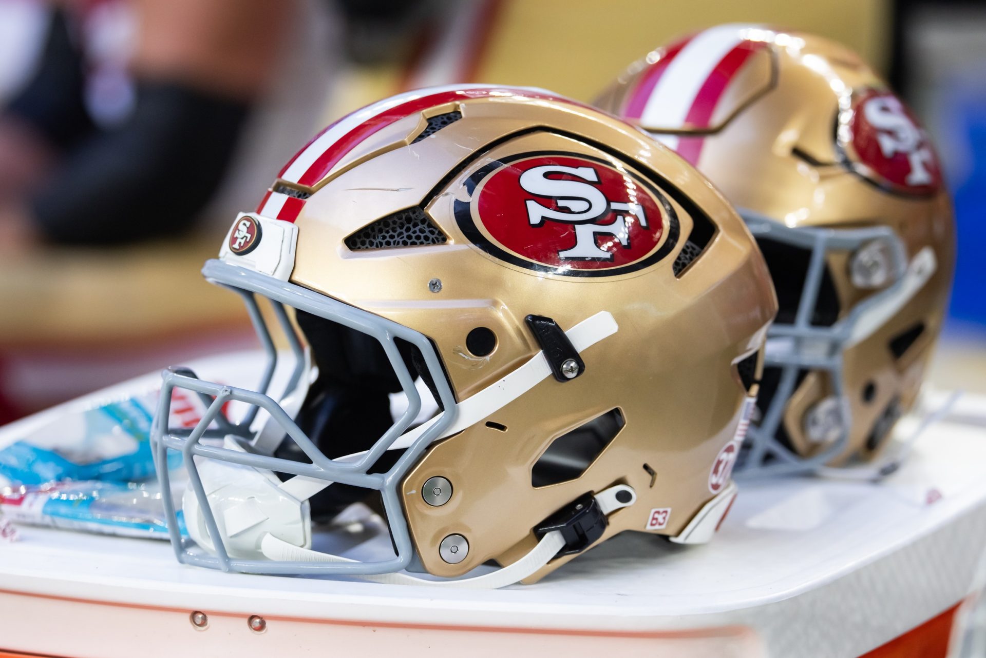 Jan 5, 2025; Glendale, Arizona, USA; Detailed view of a San Francisco 49ers helmet at State Farm Stadium.