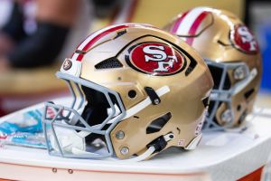 Jan 5, 2025; Glendale, Arizona, USA; Detailed view of a San Francisco 49ers helmet at State Farm Stadium.