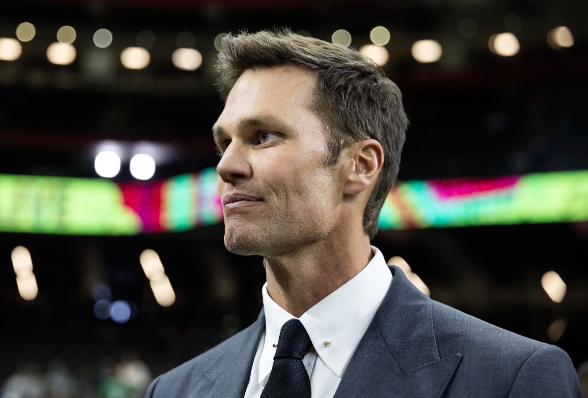 Feb 9, 2025; New Orleans, LA, USA; Fox Sports announcer Tom Brady on the field before Super Bowl LIX between the Philadelphia Eagles and the Kansas City Chiefs at Caesars Superdome.
