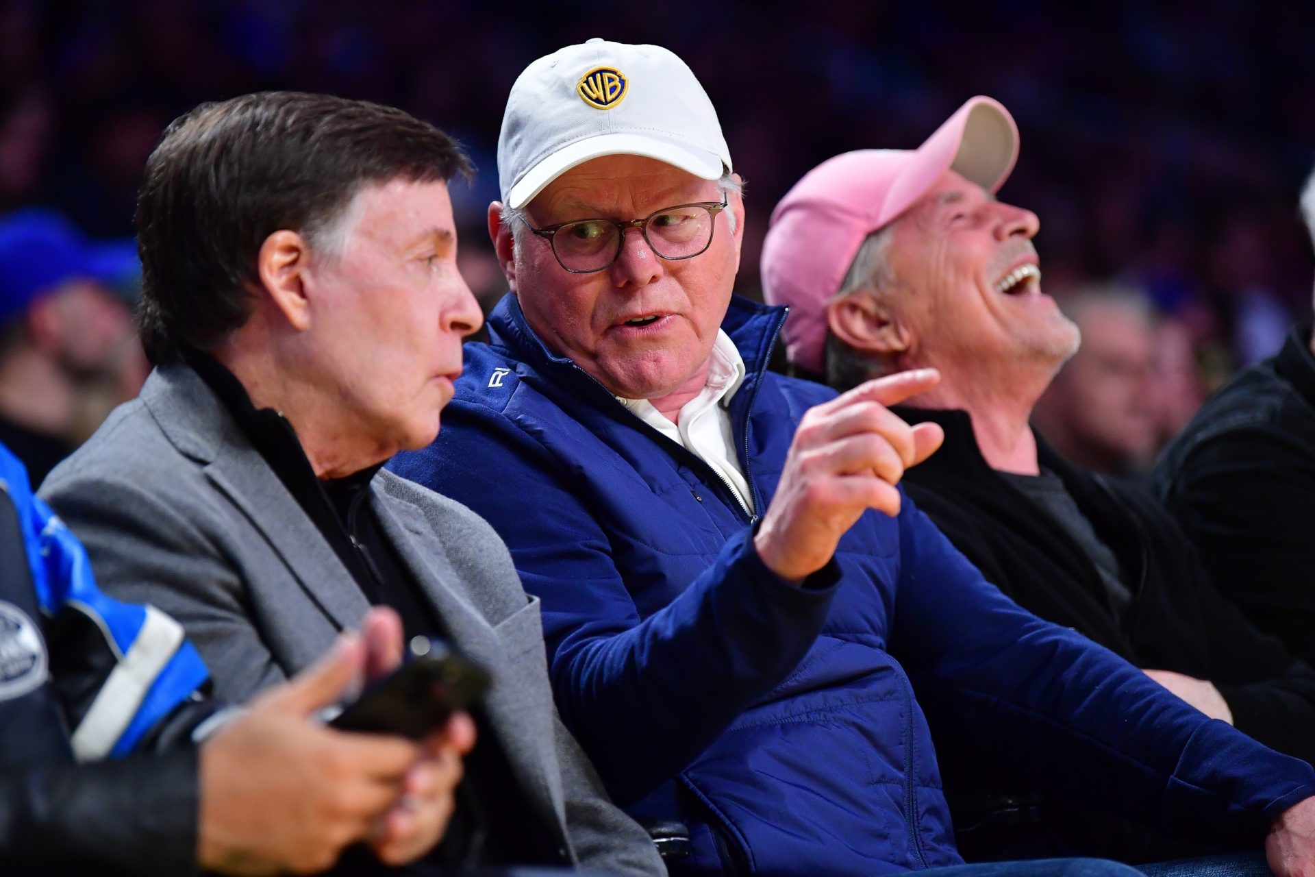 Mar 6, 2025; Los Angeles, California, USA; Network executive David Zaslav and Bob Costas attend the game between the Los Angeles Lakers and New York Knicks during the first half at Crypto.com Arena. Mandatory