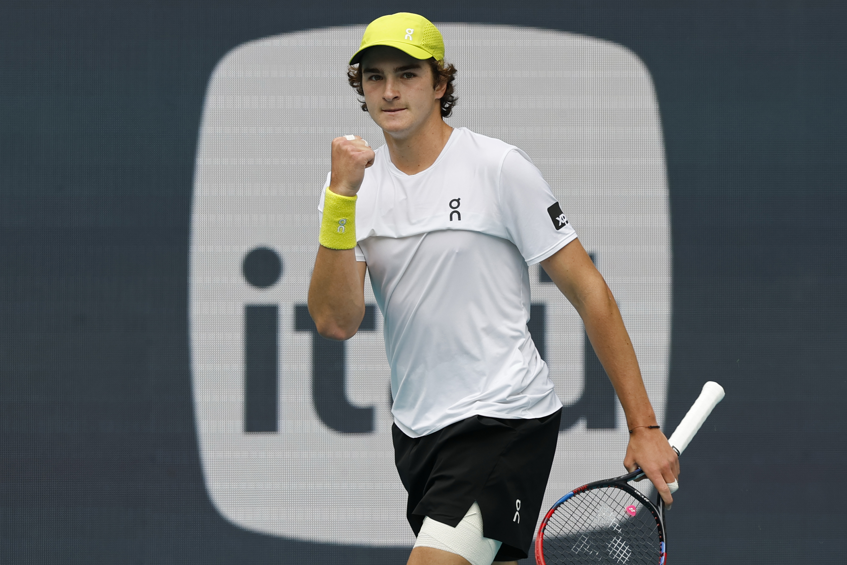 Mar 22, 2025; Miami, FL, USA; Joao Fonseca (BRZ) reacts after winning a point against Ugo Humbert (FRA)(not pictured) on day five of the Miami Open at Hard Rock Stadium.