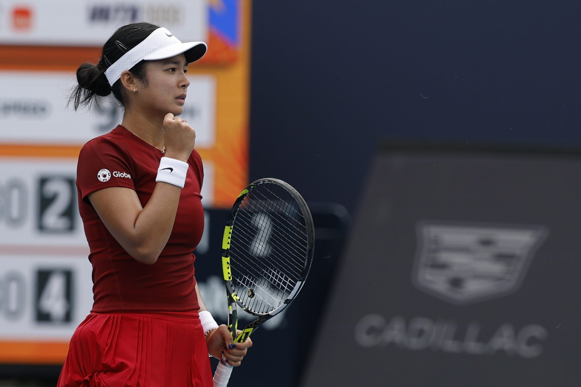 Mar 23, 2025; Miami, FL, USA; Alexandra Eala (PHI) reacts after winning a point against Madison Keys (USA)(not pictured) on day six of the Miami Open at Hard Rock Stadium.
