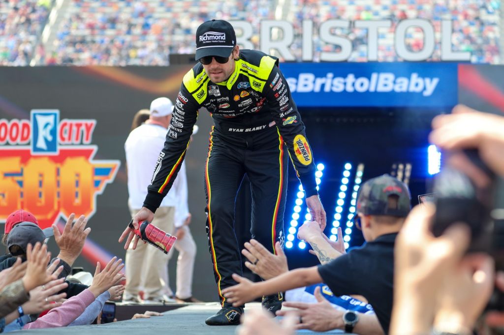 Apr 13, 2025; Bristol, Tennessee, USA; NASCAR Cup Series driver Ryan Blaney (12) during driver introductions for the NASCAR Food City 500 at Bristol Motor Speedway.