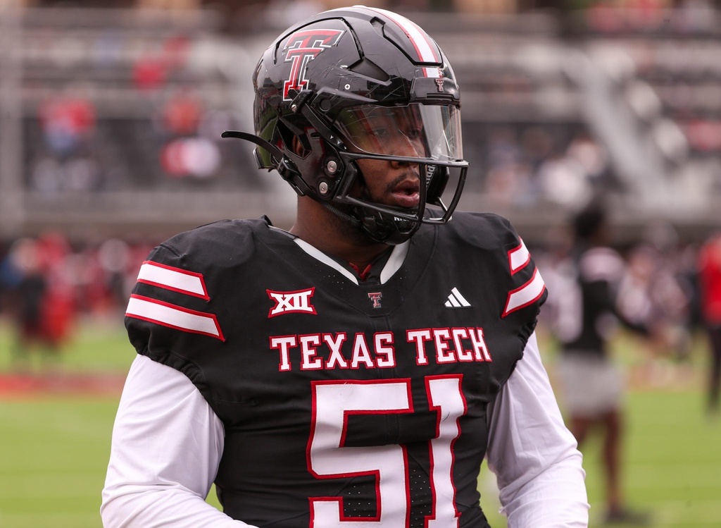 Jayden Cofield awaits the start of a dirll during the Texas Tech football team's spring game, Saturday, April 19, 2025, at Jones AT&T Stadium.