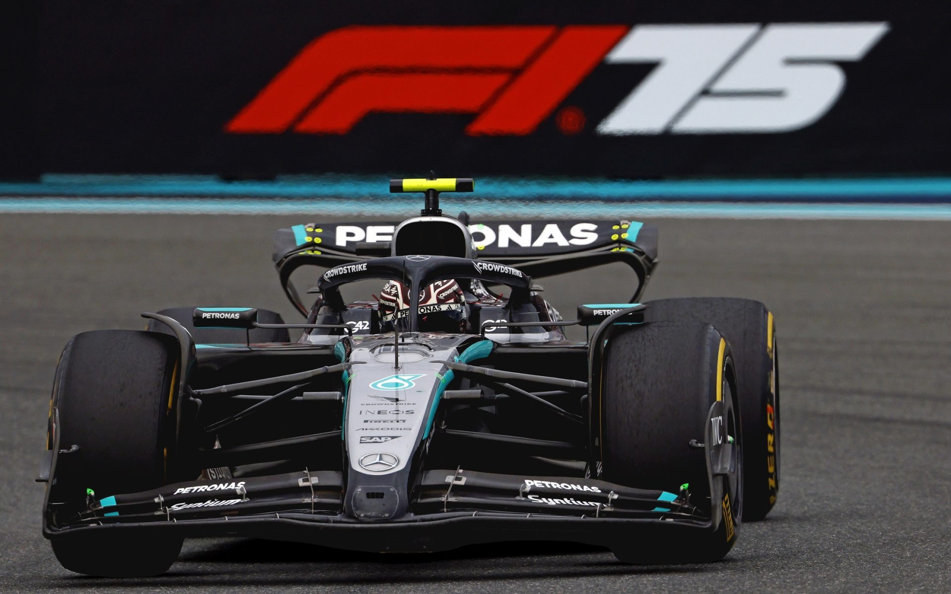May 4, 2025; Miami Gardens, FL, USA; Mercedes driver Kimi Antonelli (12) during the F1 Miami Grand Prix at Miami International Autodrome.