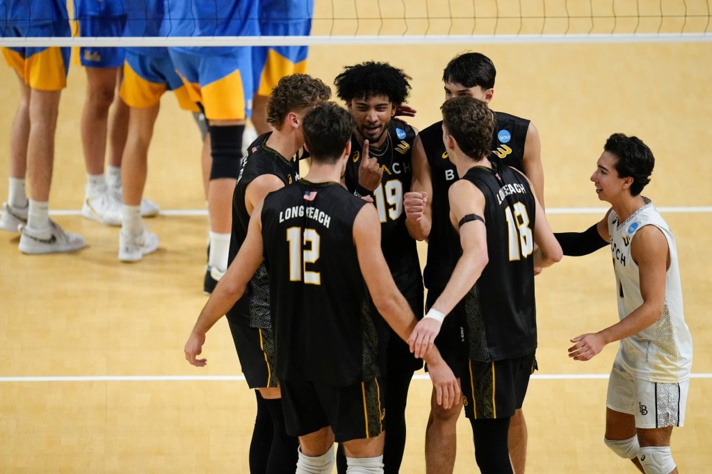 Long Beach State celebrates during the NCAA men's volleyball national championship against the UCLA Bruins at Ohio State University in Columbus, Ohio on May 12, 2025.