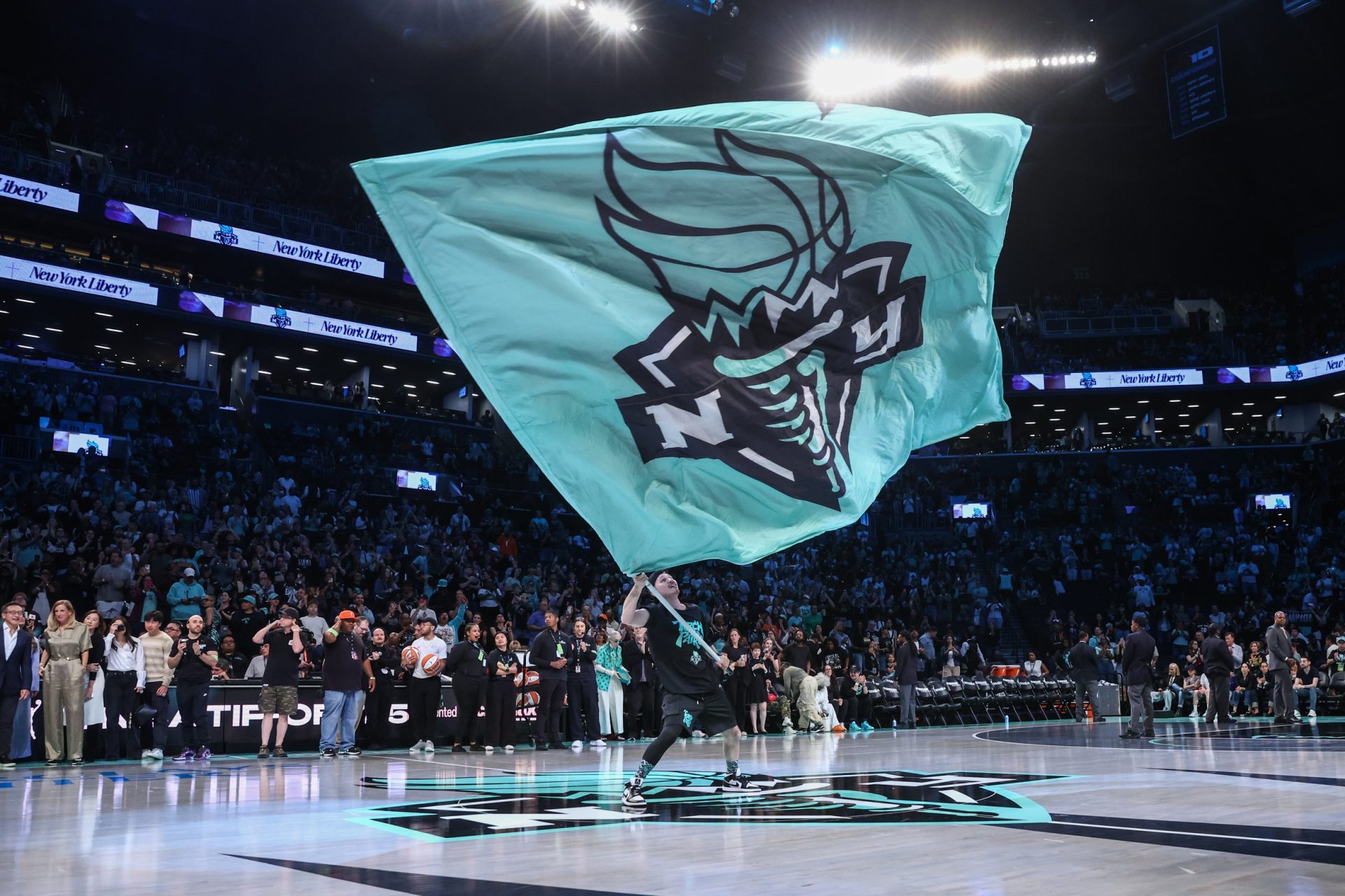 May 17, 2025; Brooklyn, New York, USA; The New York Liberty are introduced prior to the game against the Las Vegas Aces at Barclays Center.