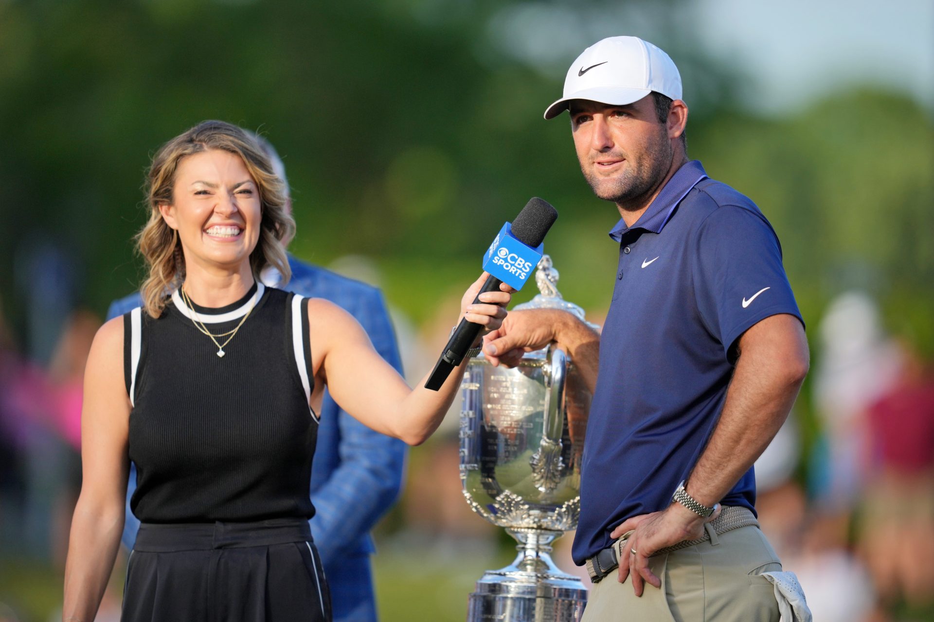 May 18, 2025; Charlotte, North Carolina, USA; Scottie Scheffler is interviewed after winning the PGA Championship golf tournament at Quail Hollow.