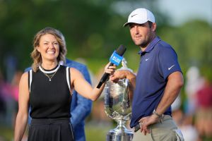 May 18, 2025; Charlotte, North Carolina, USA; Scottie Scheffler is interviewed after winning the PGA Championship golf tournament at Quail Hollow.