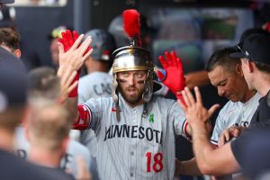 May 27, 2025; Tampa, Florida, USA; Minnesota Twins second baseman Kody Clemens (18) celebrates after hitting a home run against the Tampa Bay Rays in the second inning at George M. Steinbrenner Field.