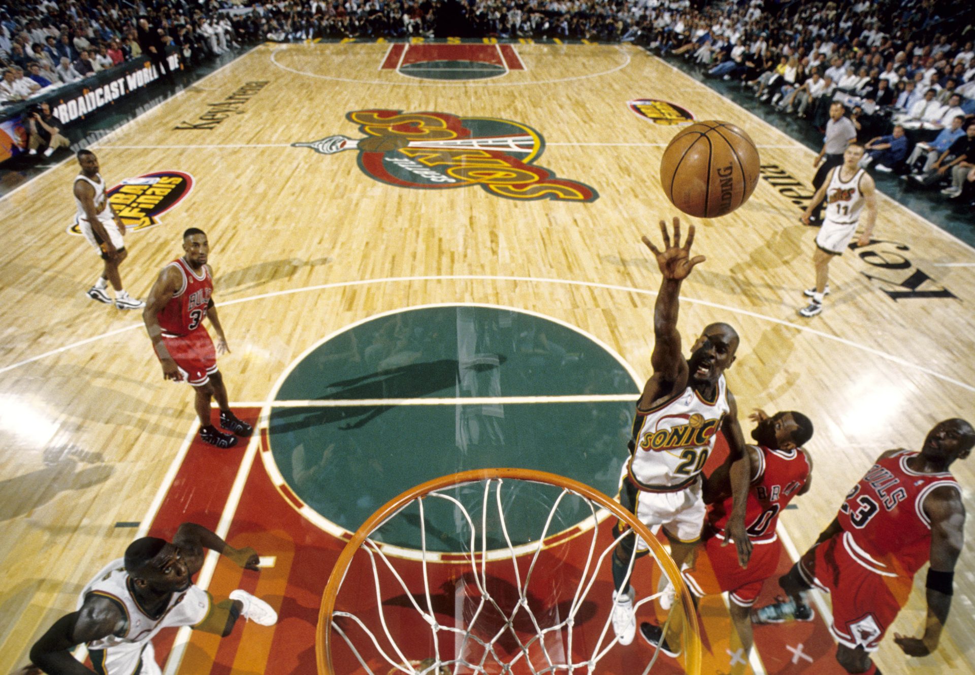 Jun 1996; Seattle, WA USA; FILE PHOTO; Seattle Supersonics guard Gary Payton (20) lays the ball up against the Chicago Bulls during the 1996 NBA Finals at Key Arena.