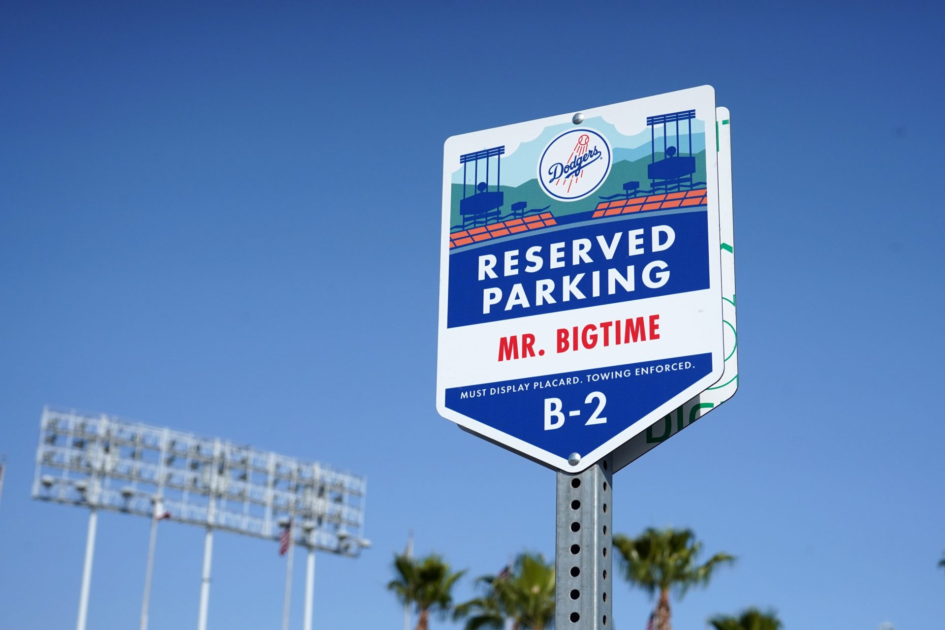 May 20, 2021; Los Angeles, California, USA; A reserved parking sign for ÒMr. Big TimeÓ located in Lot B before the game between the Arizona Diamondbacks and Los Angeles Dodgers at Dodger Stadium.