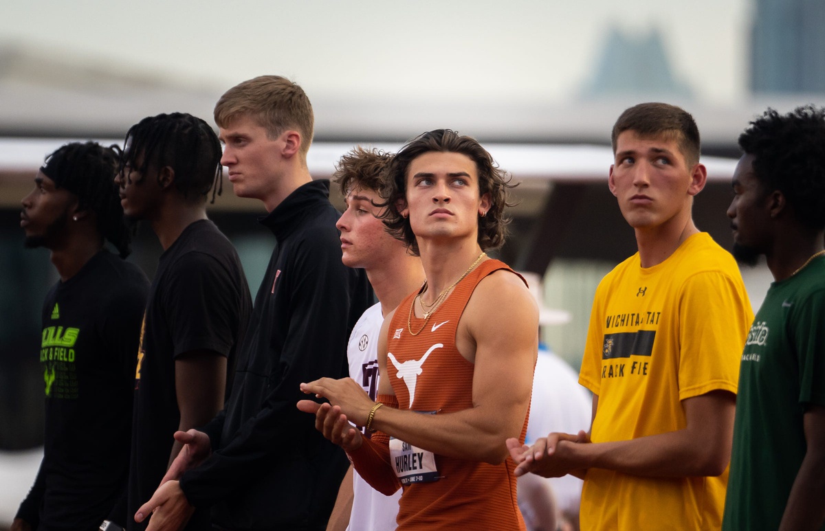 Texas' Sam Hurley watches the announcement of the competitors in the high jump at the 2023 NCAA outdoor track and field championships, June 9, 2023 at Mike A. Myers Stadium in Austin, Texas.
