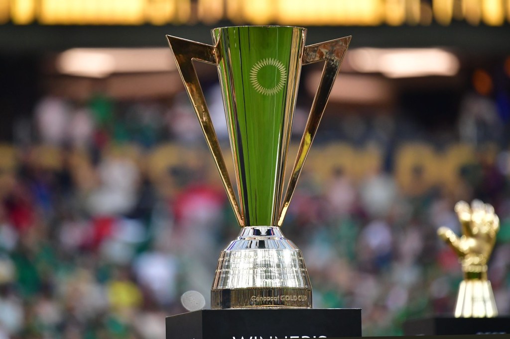 Jul 16, 2023; Inglewood, California, USA; The Gold Cup trophy pictured at SoFi Stadium.