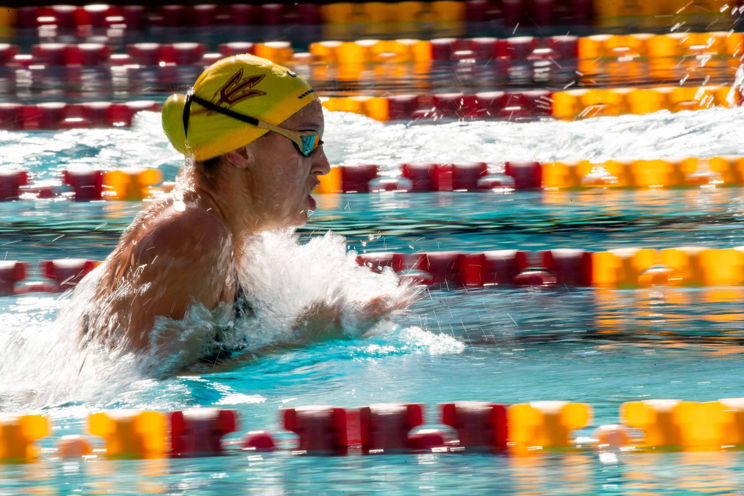 Jan 6, 2024; Tempe, Arizona, United States; An Arizona State Sun Devil competes in the 100 yard breaststroke against the Grand Canyon Lopes at Mona Plummer Aquatic Complex in Tempe on Jan. 6, 2024.