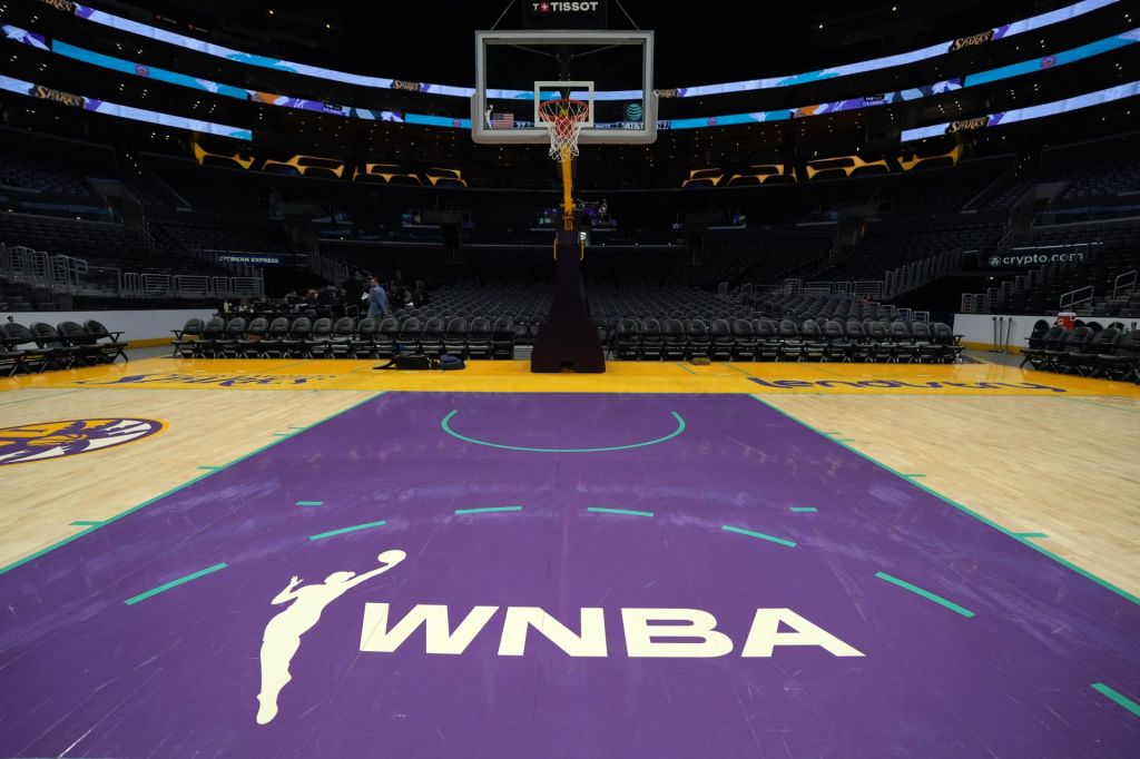 Jul 9, 2024; Los Angeles, California, USA; The WNBA logo on the court at Crypto.com Arena.