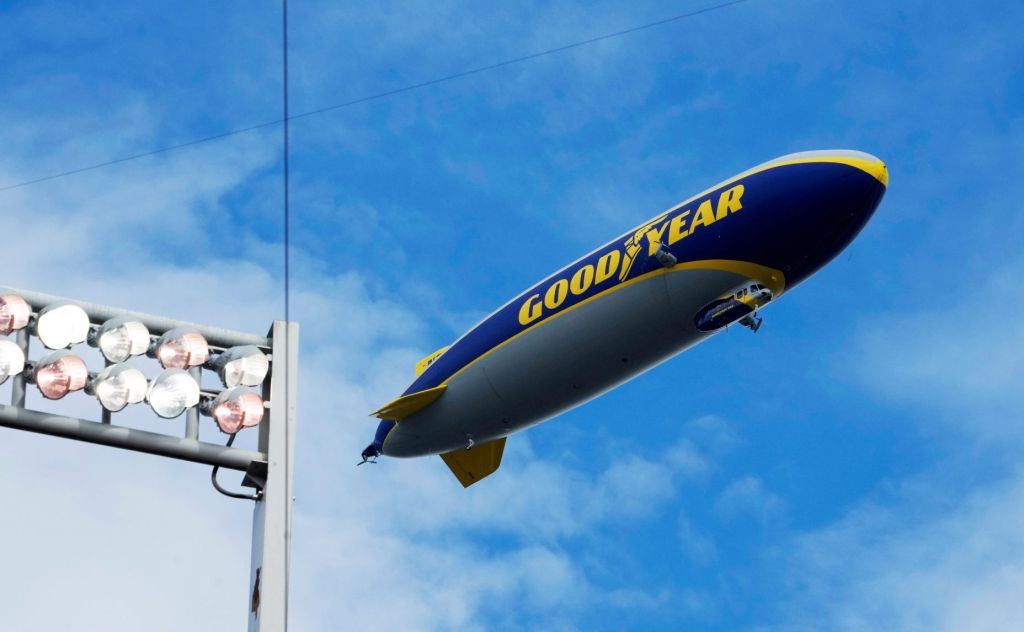 August 31, 2024; Columbus, Ohio, USA; The Goodyear blimp flies over Ohio Stadium during the first half of Saturday’s NCAA Division I football game between the Akron Zips and the Ohio State Buckeyes.