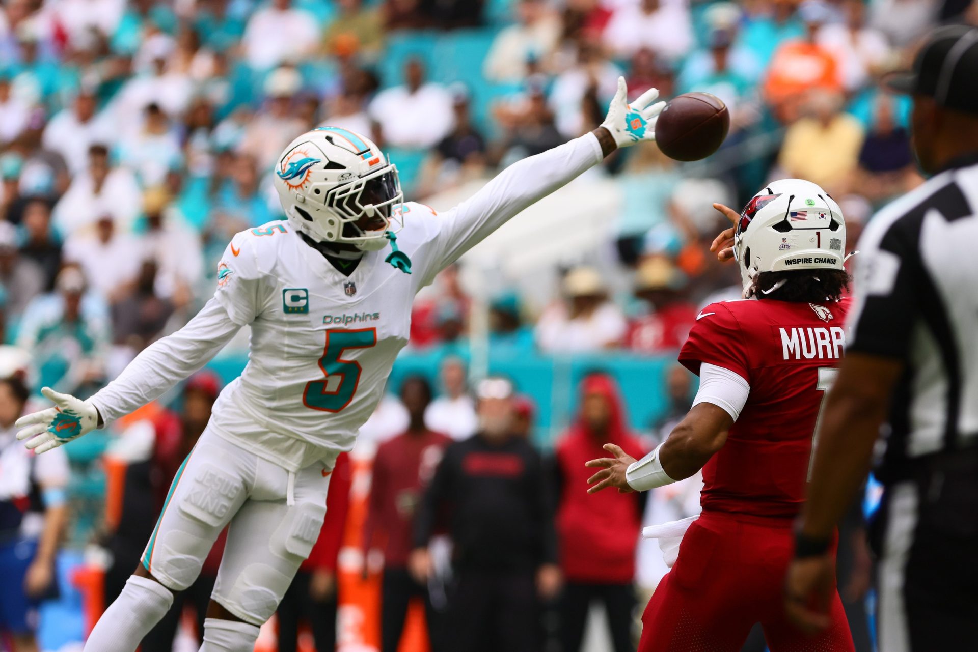 Oct 27, 2024; Miami Gardens, Florida, USA; Miami Dolphins cornerback Jalen Ramsey (5) block a pass from Arizona Cardinals quarterback Kyler Murray (1) during the first quarter at Hard Rock Stadium.