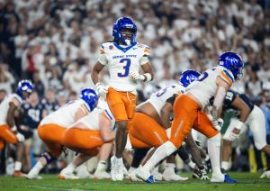 Dec 31, 2024; Glendale, AZ, USA; Boise State Broncos wide receiver Latrell Caples (3) against the Penn State Nittany Lions during the Fiesta Bowl at State Farm Stadium.