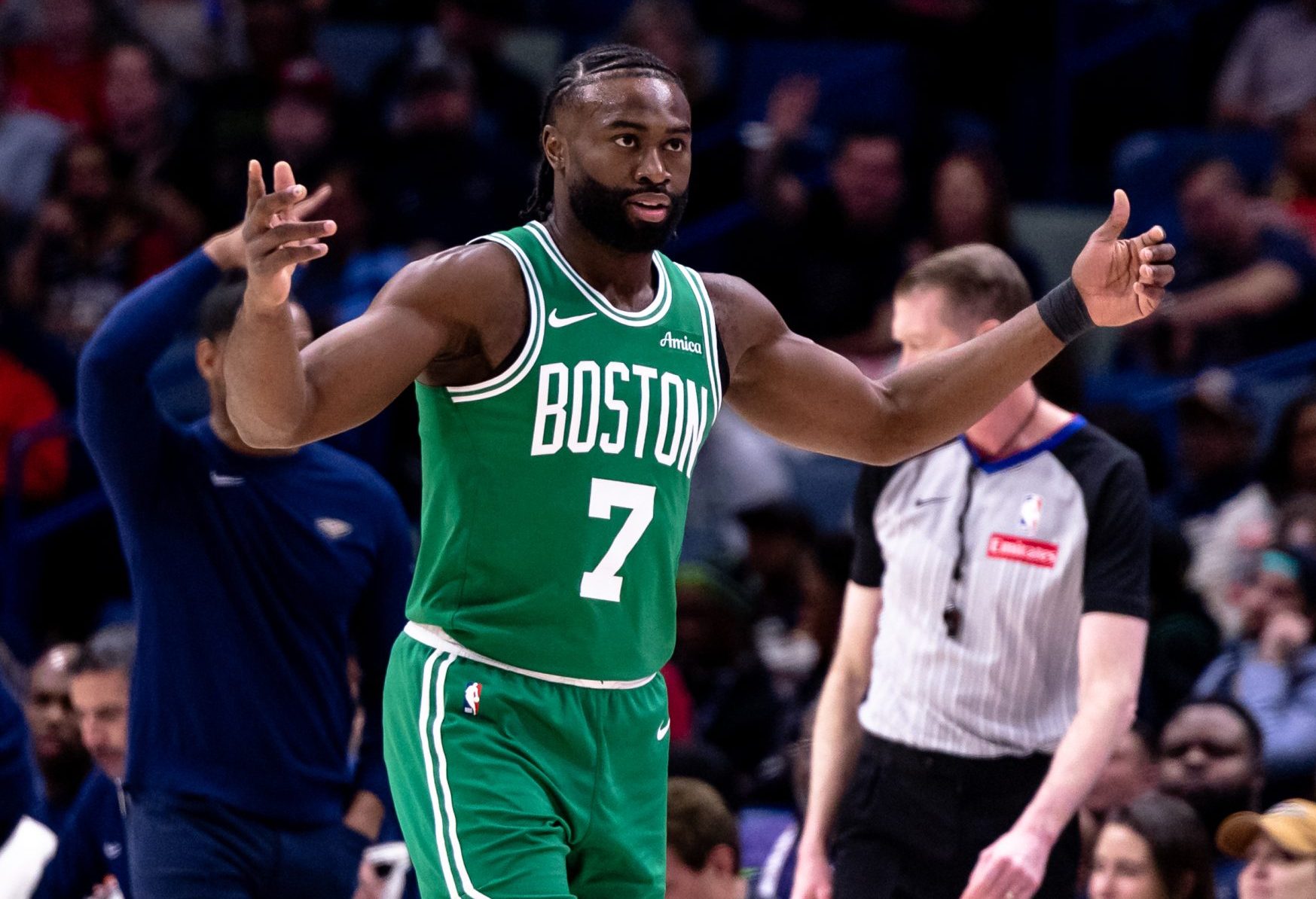 Jan 31, 2025; New Orleans, Louisiana, USA; Boston Celtics guard Jaylen Brown (7) reacts to a play against the New Orleans Pelicans during the first half at Smoothie King Center.