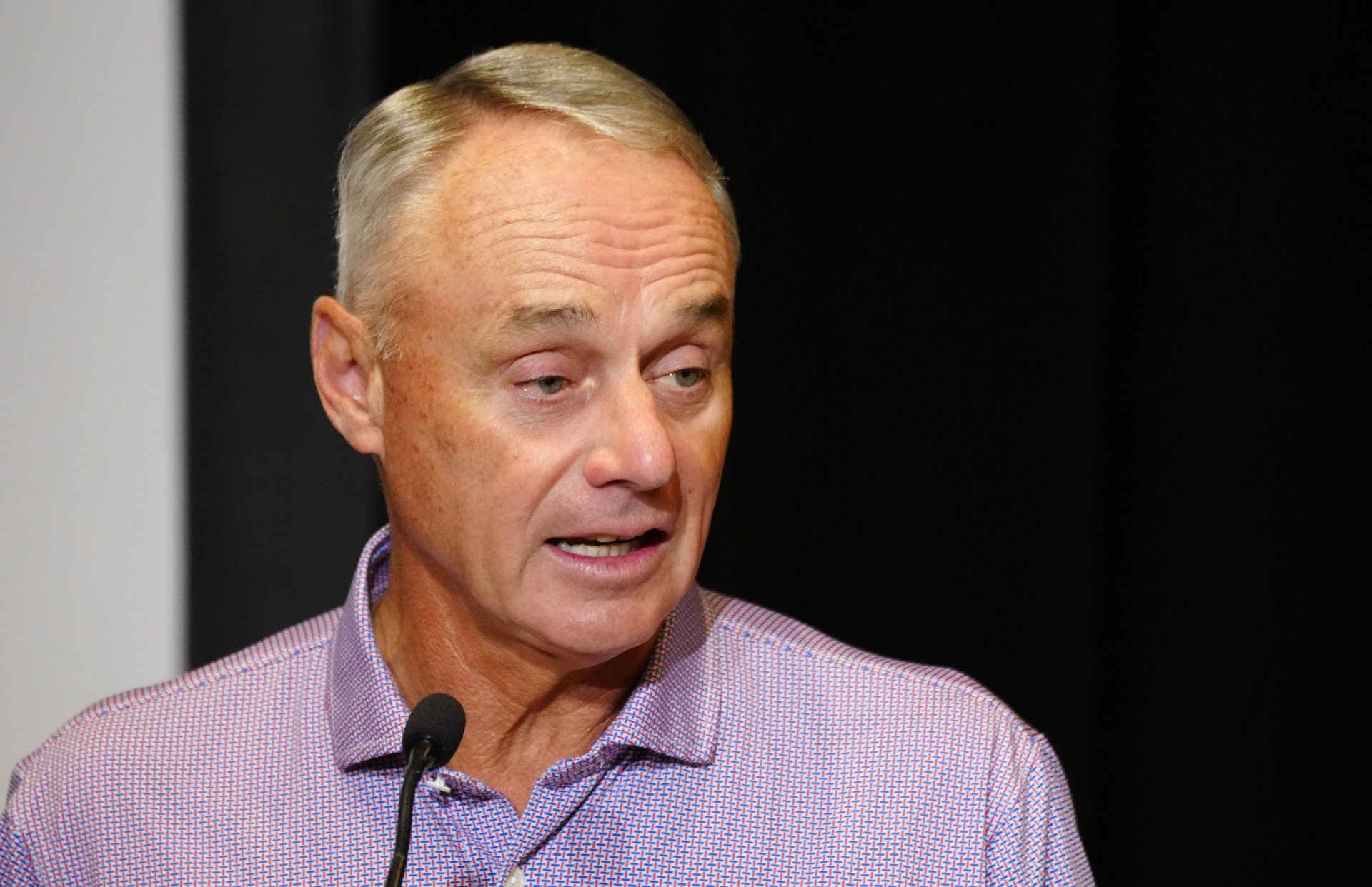 Rob Manfred, Commissioner of the MLB, speaks to the media during Cactus League media day at the Arizona Biltmore on Feb. 18, 2025, in Phoenix.