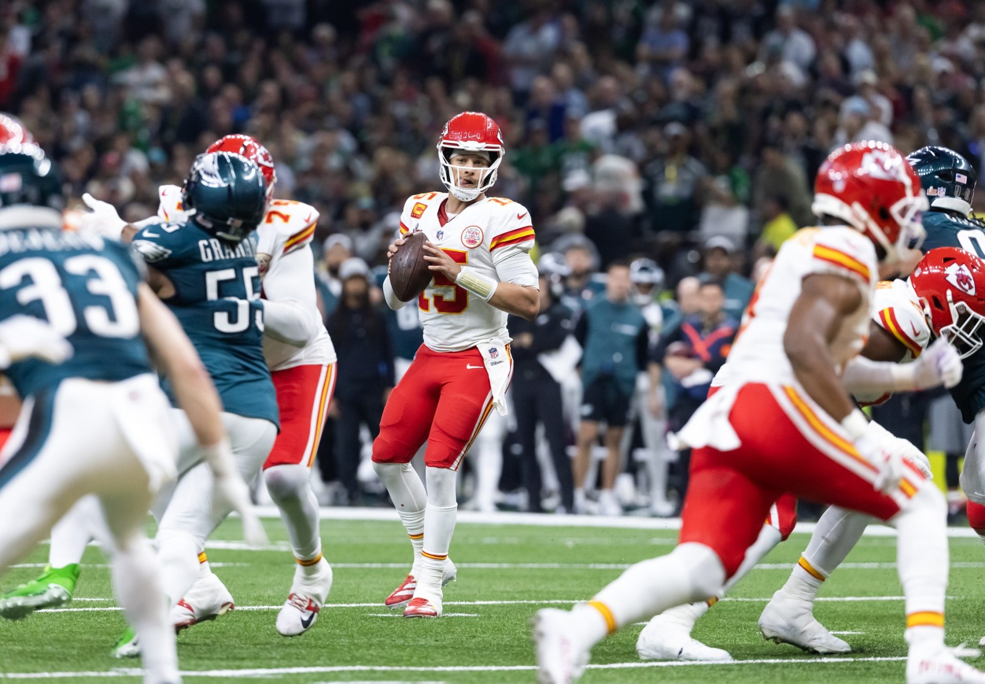Feb 9, 2025; New Orleans, LA, USA; Kansas City Chiefs quarterback Patrick Mahomes (15) against the Philadelphia Eagles in Super Bowl LIX at Ceasars Superdome.