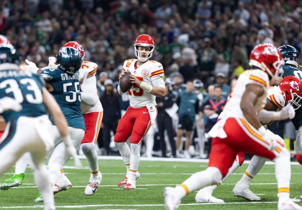 Feb 9, 2025; New Orleans, LA, USA; Kansas City Chiefs quarterback Patrick Mahomes (15) against the Philadelphia Eagles in Super Bowl LIX at Ceasars Superdome.