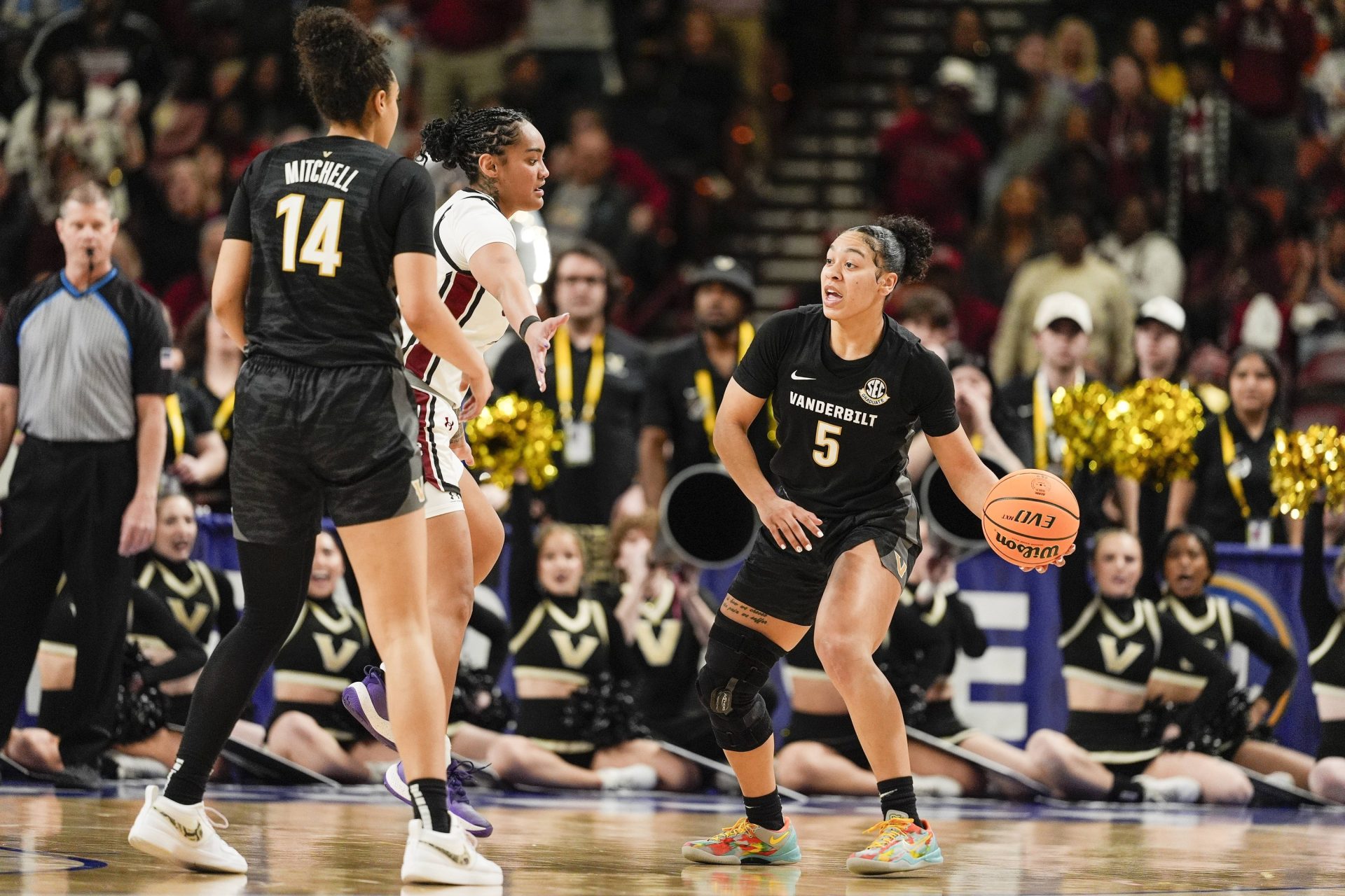 Mar 7, 2025; Greenville, SC, USA; Vanderbilt Commodores guard Leilani Kapinus (5) looks to pass against the South Carolina Gamecocks during the second half at Bon Secours Wellness Arena.
