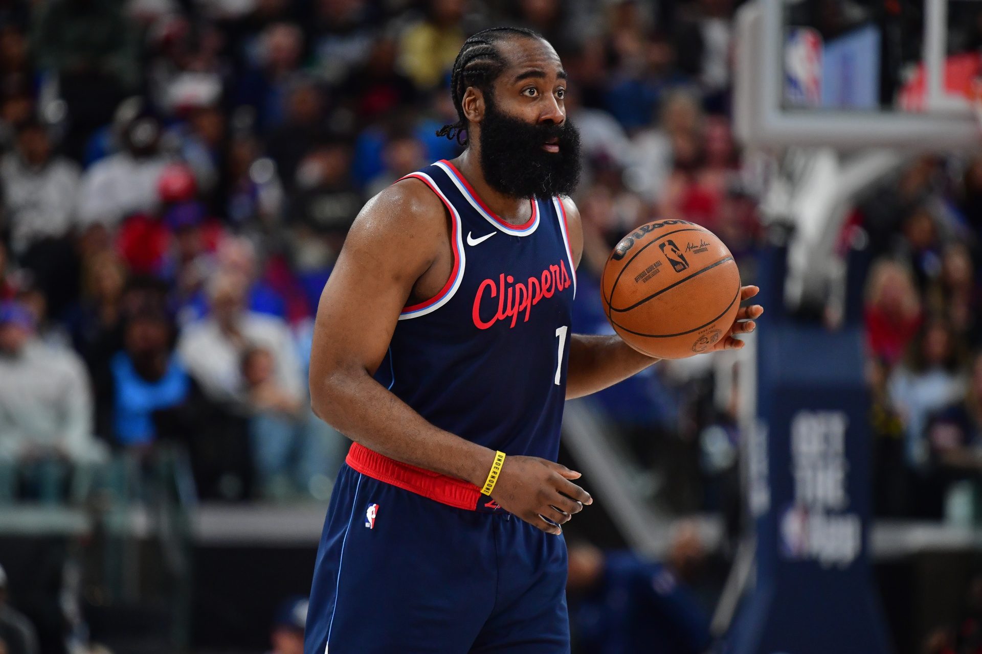 Apr 24, 2025; Inglewood, California, USA; Los Angeles Clippers guard James Harden (1) controls the ball against the Denver Nuggets during the second half of game three in the first round for the 2024 NBA Playoffs at Intuit Dome.