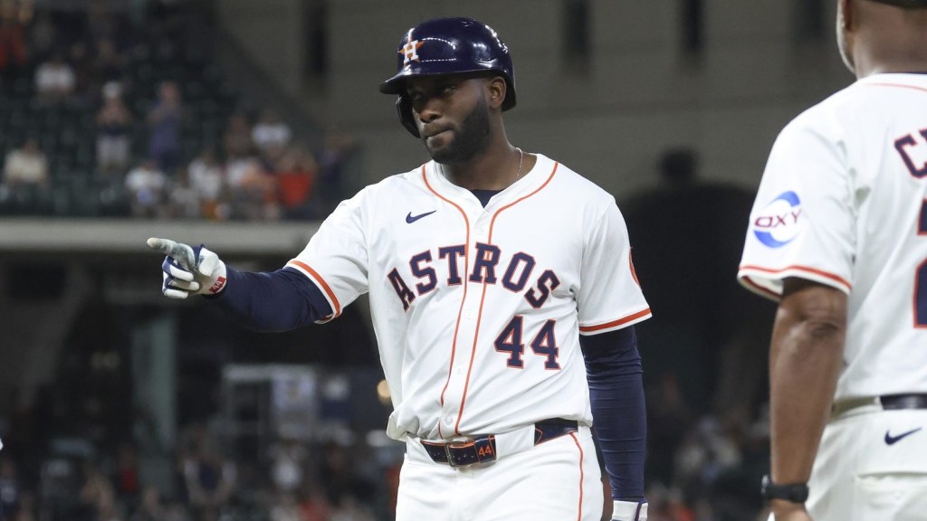 Apr 29, 2025; Houston, Texas, USA; Houston Astros designated hitter Yordan Alvarez (44) points to the dugout after hitting an RBI single during the seventh inning against the Detroit Tigers at Daikin Park.