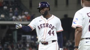 Apr 29, 2025; Houston, Texas, USA; Houston Astros designated hitter Yordan Alvarez (44) points to the dugout after hitting an RBI single during the seventh inning against the Detroit Tigers at Daikin Park.