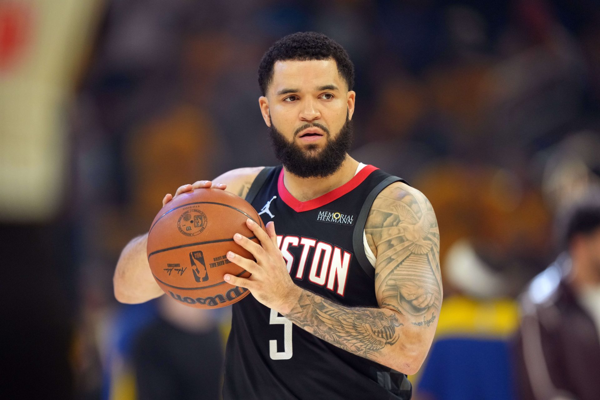 Apr 26, 2025; San Francisco, California, USA; Houston Rockets guard Fred VanVleet (5) before game three of first round for the 2024 NBA Playoffs against the Golden State Warriors at Chase Center.