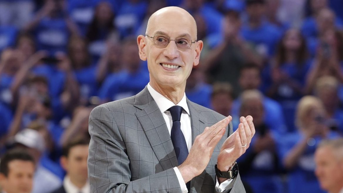 May 22, 2025; Oklahoma City, Oklahoma, USA; NBA commissioner is Adam Silver presents Oklahoma City Thunder guard Shai Gilgeous-Alexander (not pictured) with the Michael Jordan Trophy for winning the most valuable player award for the 2024-25 season before game two of the western conference finals for the 2025 NBA Playoffs at Paycom Center.