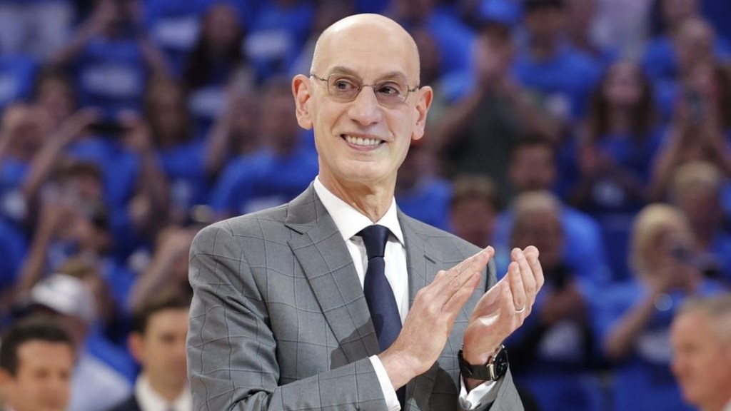 May 22, 2025; Oklahoma City, Oklahoma, USA; NBA commissioner is Adam Silver presents Oklahoma City Thunder guard Shai Gilgeous-Alexander (not pictured) with the Michael Jordan Trophy for winning the most valuable player award for the 2024-25 season before game two of the western conference finals for the 2025 NBA Playoffs at Paycom Center.