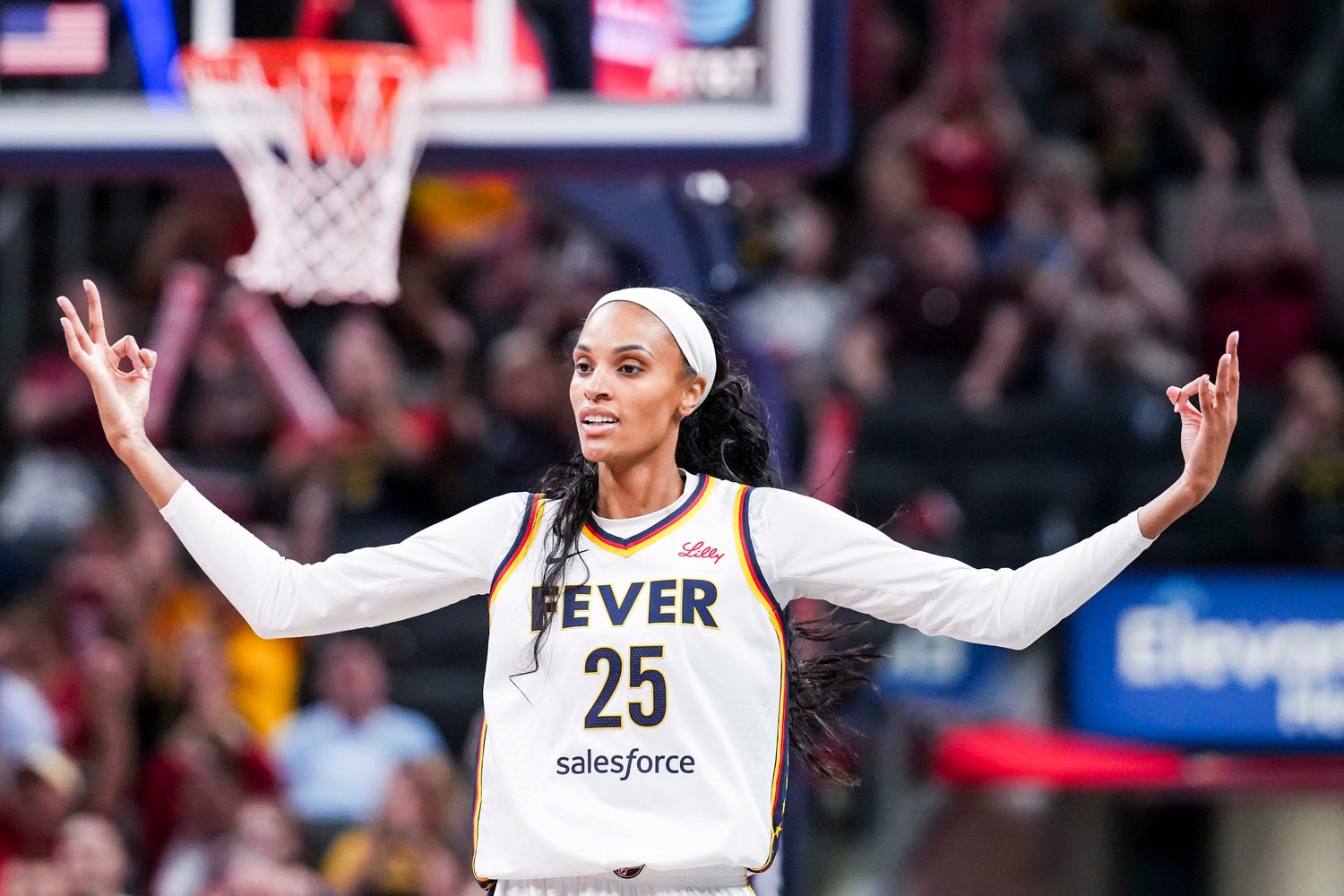 Indiana Fever forward DeWanna Bonner (25) celebrates a 3-pointer Tuesday, June 3, 2025, during a game between the Indiana Fever and the Washington Mystics at Gainbridge Fieldhouse in Indianapolis.