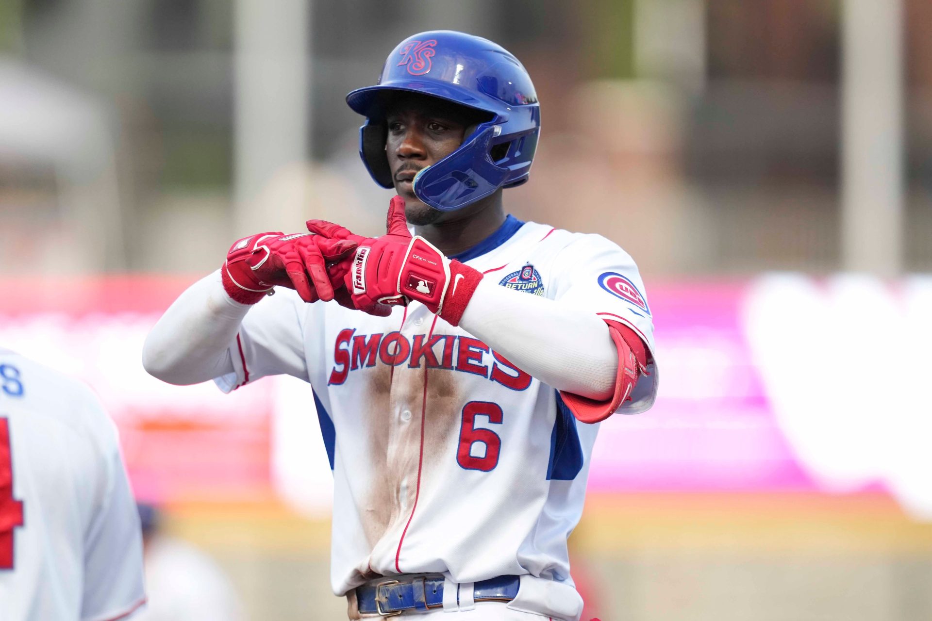 Knoxville infielder Jaylen Palmer (6) celebrates after hitting a single during a minor league baseball game between the Knoxville Smokies and Chattanooga Lookouts at Covenant Health Park in Knoxville, Tenn., on June 3, 2025.