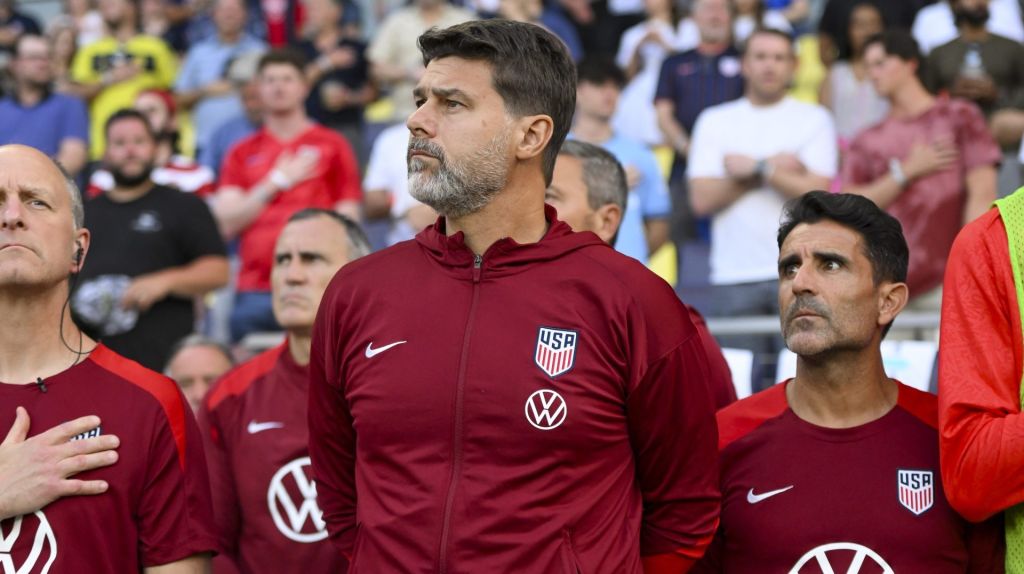 Jun 10, 2025; Nashville, Tennessee, USA; United States head coach Mauricio Pochettino stands during the anthem against the Switzerland during the first at Geodis Park