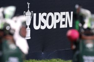 Jun 11, 2025; Oakmont, Pennsylvania, USA; General view of US Open signage on the 18th hole during a practice round for the U.S. Open golf tournament at Oakmont Country Club.