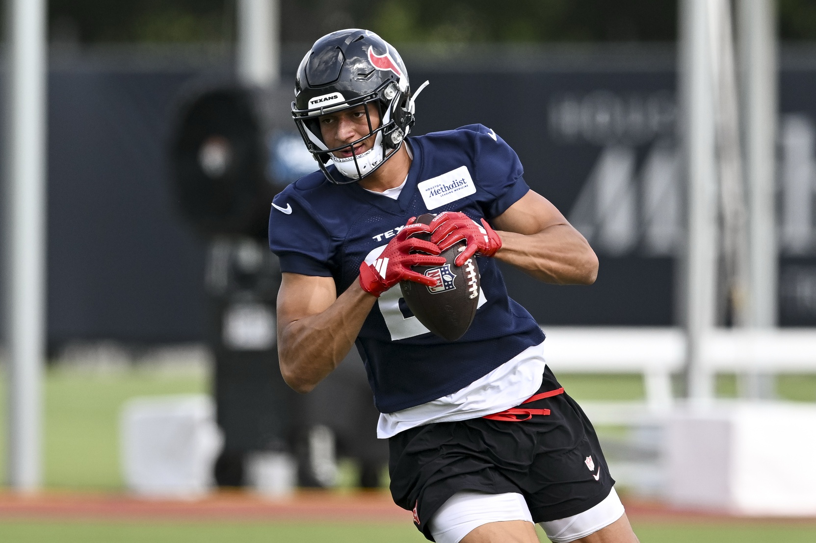 Jun 10, 2025; Houston, TX, USA; Houston Texans wide receiver Jayden Higgins (81) participates in a drill during an NFL football minicamp at NRG Stadium.