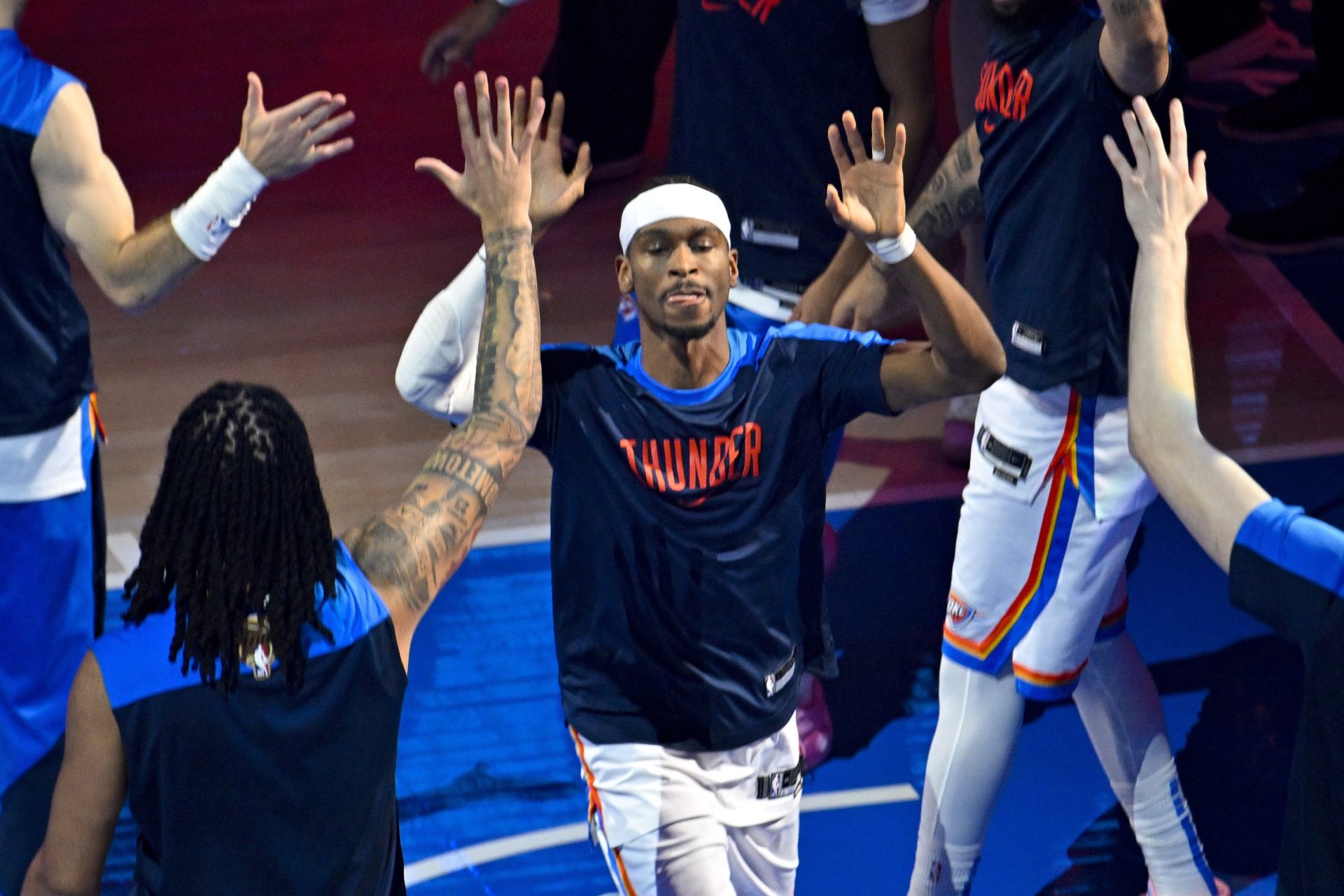 Jun 16, 2025; Oklahoma City, Oklahoma, USA; Oklahoma City Thunder guard Shai Gilgeous-Alexander (2) is introduced before the game between the Oklahoma City Thunder and the Indiana Pacers in game five of the 2025 NBA Finals at Paycom Center.