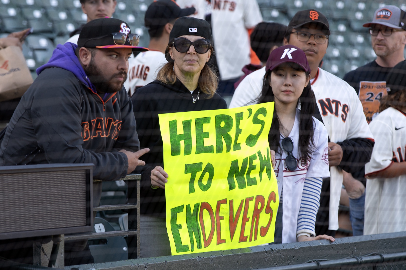 Jun 17, 2025; San Francisco, California, USA; Fans welcome new San Francisco Giants designated hitter Rafael Devers before a game against the Cleveland Guardians at Oracle Park.