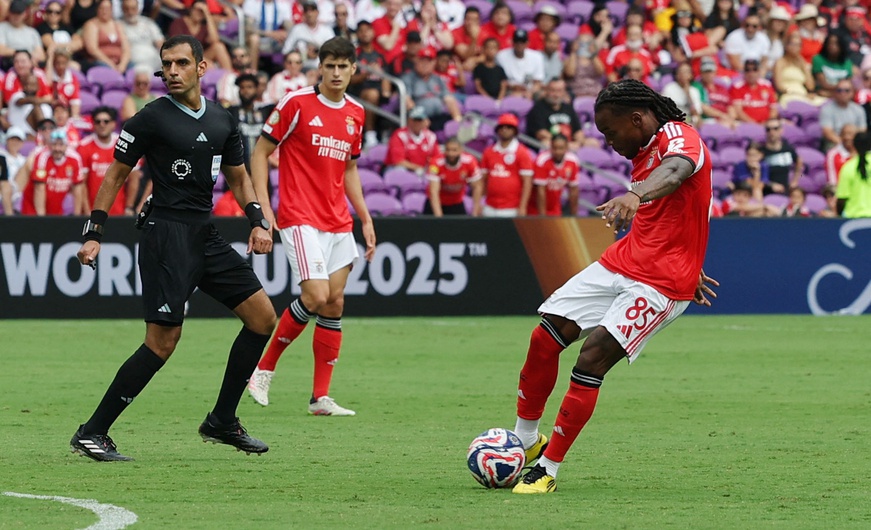 Jun 20, 2025; Orlando, Florida, USA; SL Benfica midfielder Renato Sanches (85) scores their third goal against Auckland City FC during a group stage match of the 2025 FIFA Club World Cup at Inter&Co Stadium.
