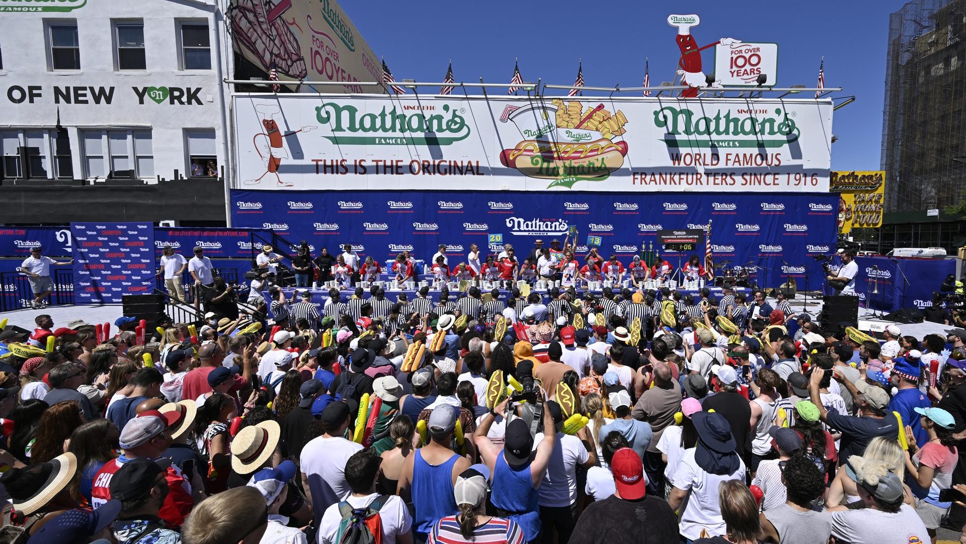 Nathan’s Fourth of July Hot Dog contest. Monday, July 4th 2022. PICTURED: Miki Sudo wins this year women’s contest with 40 hot dogs and buns in 10 minutes. Last year winner Michele Lesco finished 2nd. The 106th annual Nathan’s Famous Fourth of July International Hot Dog eating contest is back to its original location outside the Nathan’s on Stillwell and Surf avenues in Coney Island, after being forced to Maimonides Park near by last year due to COVID-19 pandemic. The defending Men’s champion and the world record holder Joey “JAWS” Chestnut and the Women’s champion Michele Lesco are back. Also making her comeback after last year pregnancy is Women’s world record holder Miki Sudo. About 20-25K fans are expected to attend. The Women’s contest kicks-off at 11AM, while the Men’s contest starts at 1PM, both live on ESPN.