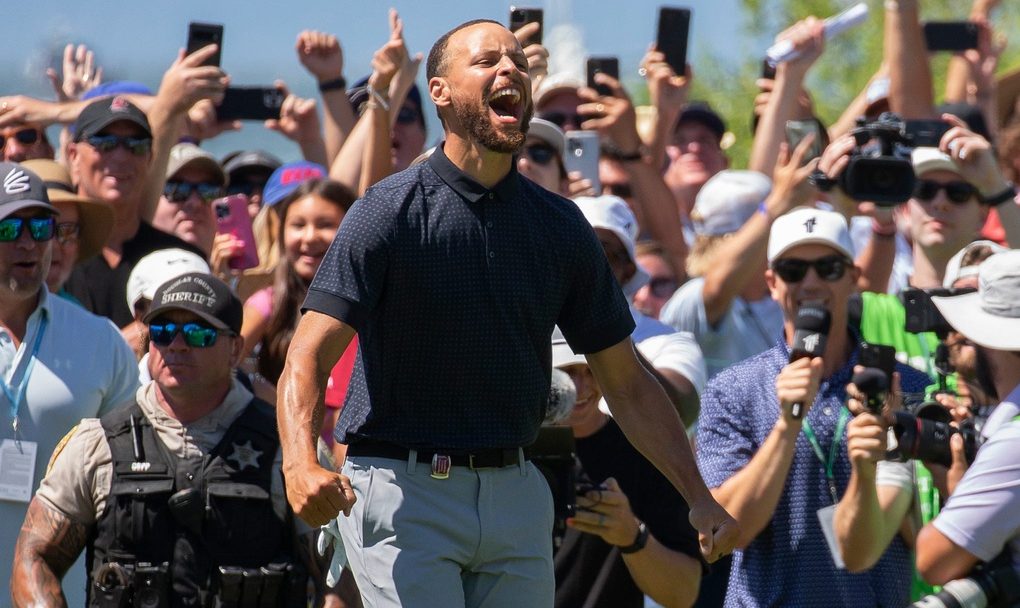 Stephen Curry celebrates after sinking the winning putt during the final round of the American Century Celebrity Championship golf tournament at Edgewood Tahoe Golf Course in Stateline, Nev., Sunday, July 16, 2023.