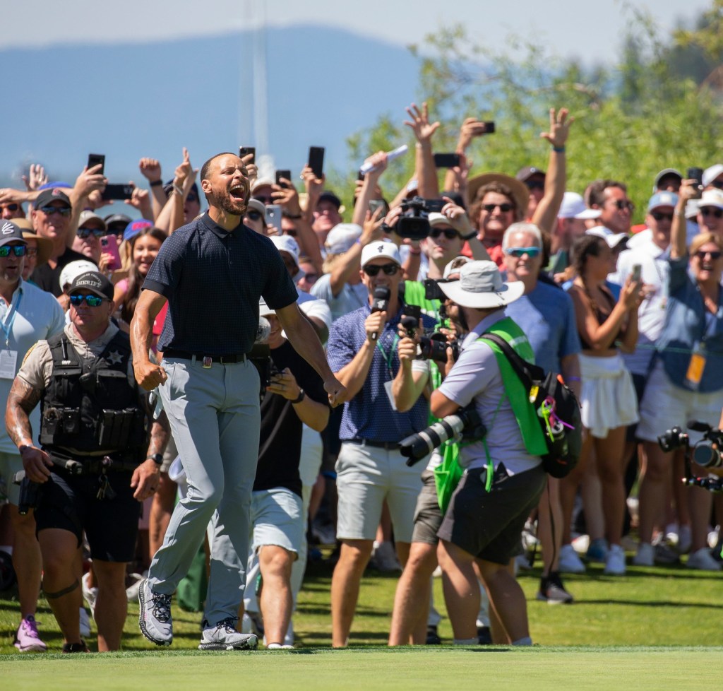 Stephen Curry celebrates after sinking the winning putt during the final round of the American Century Celebrity Championship golf tournament at Edgewood Tahoe Golf Course in Stateline, Nev., Sunday, July 16, 2023.