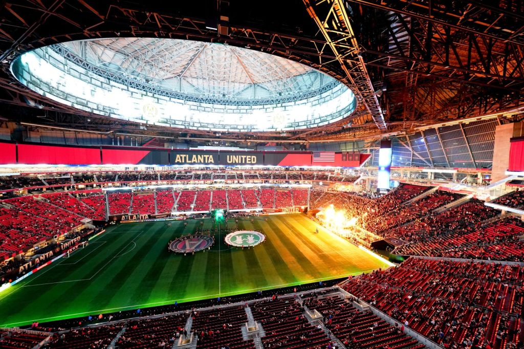 Nov 7, 2023; Atlanta, Georgia, USA; General overhead view of the Atlanta United and the Columbus Crew match at Mercedes-Benz Stadium.