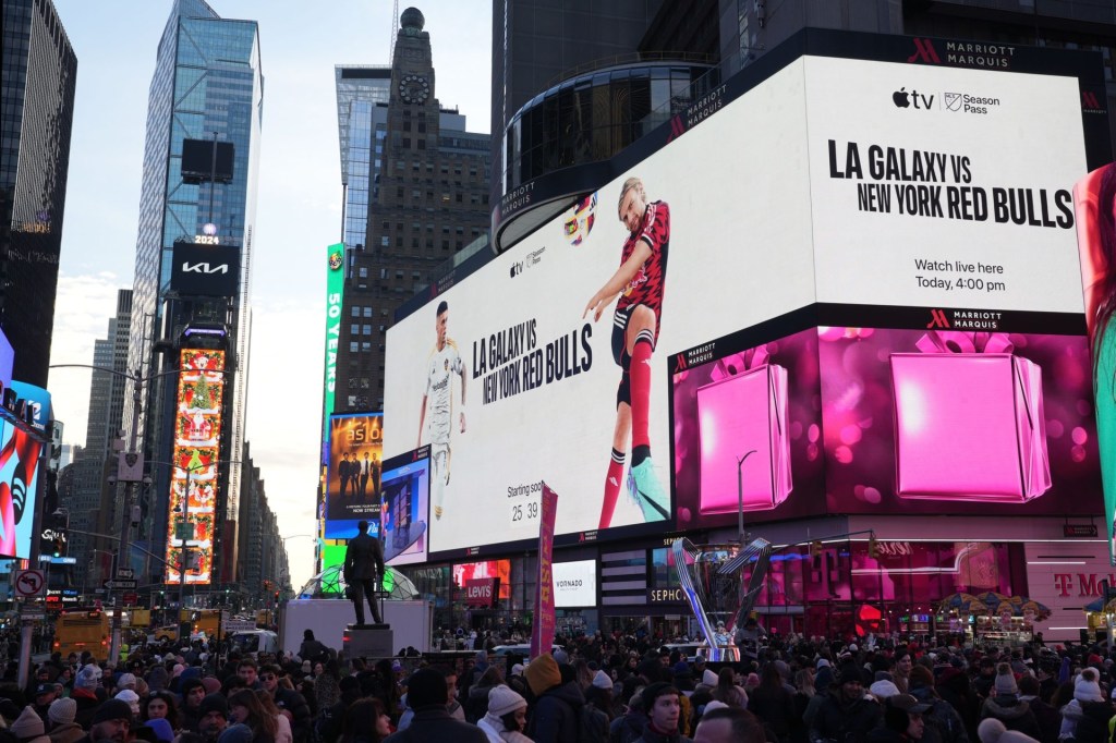 Dec 7, 2024; New York, New York, USA; A general view of Times Square during the MLS Cup Times Square Watch Party prior to the game between the LA Galaxy and the New York Red Bulls.