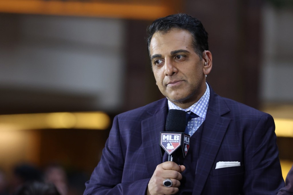 Dec 10, 2024; Dallas, TX, USA; MLB Network host Adnan Virk on the set at the Hilton Anatole during the 2024 MLB Winter Meetings.